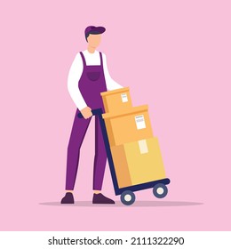 Correo de entrega con cajas de cartón en el carro. Un mensajero parado frente a la camioneta de reparto. Ilustración de diseño plana vectorial aislada en fondo violeta.
