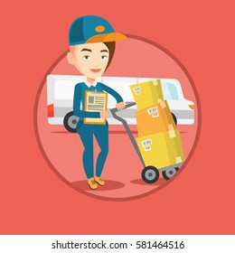 Delivery courier with cardboard boxes on trolley. Delivery courier holding clipboard. Courier standing in front of delivery van. Vector flat design illustration in the circle isolated on background.
