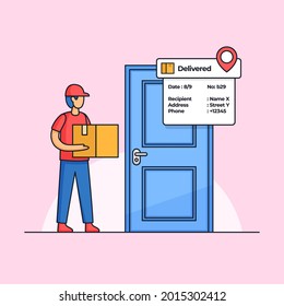 Delivery courier carrying order package box arrived at the costumer door design. Professional shipment service employee vector illustration