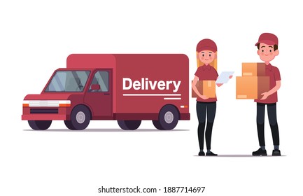 Delivery courier carrying packages with delivery truck vector illustration