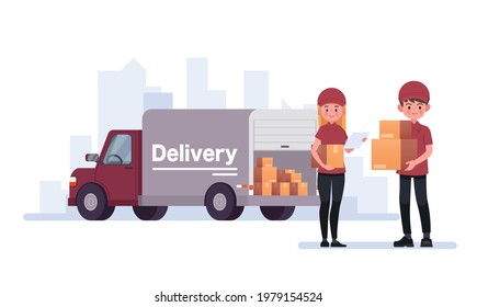 Delivery courier carrying packages with delivery truck vector illustration