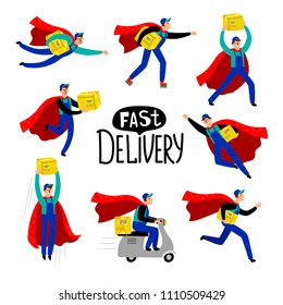 Delivery courier character. Delivering man with smiling face vector illustration, delivery service guy with box package and motorbike, blue cap and red cloak