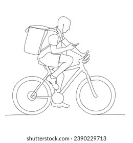 Correo de entrega comprobando el teléfono en marcha. En bicicleta. Vista lateral. Dibujo de una sola línea. Ilustración vectorial en blanco y negro en estilo de arte en línea. 