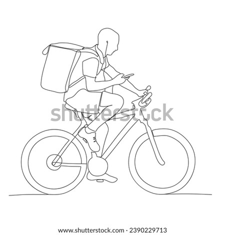 Delivery courier checking phone on the go. Riding bicycle. Side view. Single line drawing. Black and white vector illustration in line art style. 