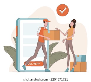 Delivery. A courier comes out of the phone with a box and gives the woman the package