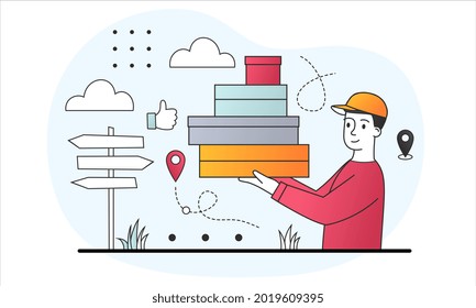 Delivery courier concept. Man holds orders in his hands and delivers them to right address. Fast service. Shopping Online. Cartoon doodle flat vector illustration isolated on a white background