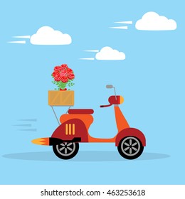 Delivery courier delivering flowers and gifts for web flat icon. The man delivery flower by motorbike.