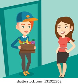 Delivery courier delivering online grocery shopping order. Girl receiving groceries from delivery courier at home. Girl delivering groceries to customer. Vector flat design illustration. Square layout