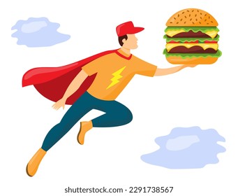 delivery courier delivers burger with tomatoes lettuce beef patty sesame cheese as superhero in red cloak and cap with yellow lightning on t-shirt in blue jeans hand drawn vector illustration isolated