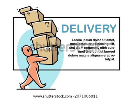 Delivery courier funny cartoon man carrying a lot of boxes vector flat style illustration isolated on white, office worker, internet retail and home delivery concept.