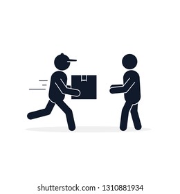 Delivery courier giving box to customer icon. Fast Delivery concept. Vector isolated flat illustration.