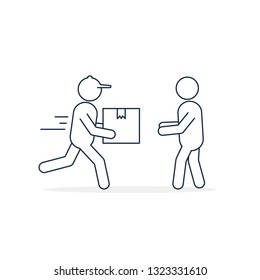 Delivery courier giving box to customer line icon. Fast Delivery concept. Vector isolated flat illustration.
