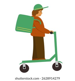 Delivery courier with green bag riding the electric scooter.