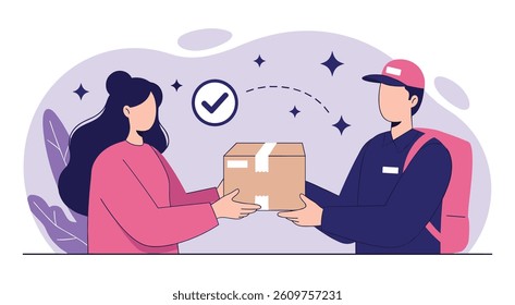 Delivery courier handing package to customer. Woman receiving cardboard box from delivery person.