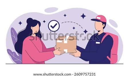 Delivery courier handing package to customer. Woman receiving cardboard box from delivery person.