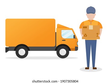 Delivery, courier hold package and truck flat design vector illustration