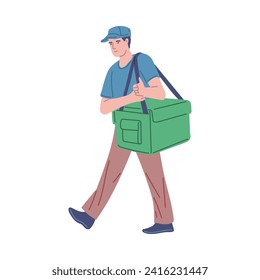 Delivery courier holding delivery box bag. Safe delivery of goods. Courier man with waterproofing thermal container refrigerator for fresh food and products shipping vector cartoon illustration