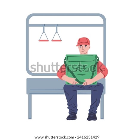 Delivery courier holding delivery box bag sits on public transport. Safe delivery of goods. Courier man with thermal container refrigerator, fresh food shipping vector cartoon illustration