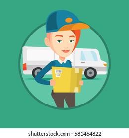 Delivery courier holding box on the background of truck. Delivery courier carrying cardboard box. Delivery courier with box in hands. Vector flat design illustration in circle isolated on background.