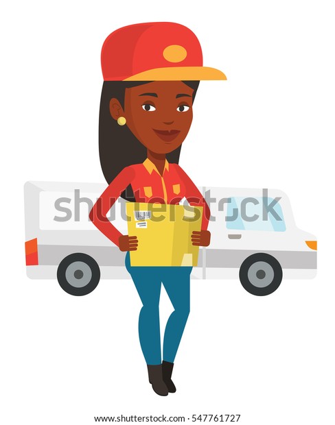 Delivery courier holding box on the\
background of truck. Delivery courier carrying cardboard box.\
Delivery courier with box in hands. Vector flat design illustration\
isolated on white\
background.
