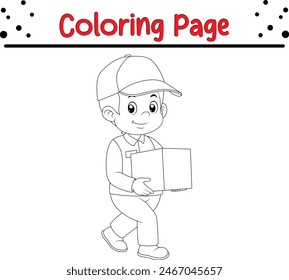 mensajero de entrega sosteniendo cajas de cartón para colorear página de libro para niños y adultos