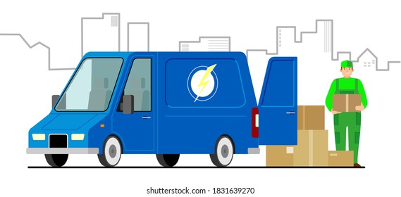 Delivery courier holding a package with a truck and a city on the background. Delivery of groceries, food, medicines during quarantine time. Flat vector illustration.