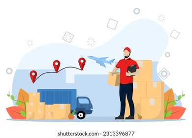 Delivery courier holding package with delivery truck in background. Courier Carrying Packages By Truck. Delivery man and track. Flat design modern vector illustration concept.