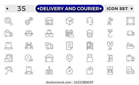 Delivery and courier icon set. Containing order tracking, delivery home, warehouse, truck, scooter, courier and cargo icons. Shipping symbol.
