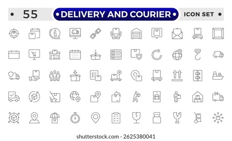 Delivery and courier icon set. Containing order tracking, delivery home, warehouse, truck, scooter, courier and cargo icons. Shipping symbol.
