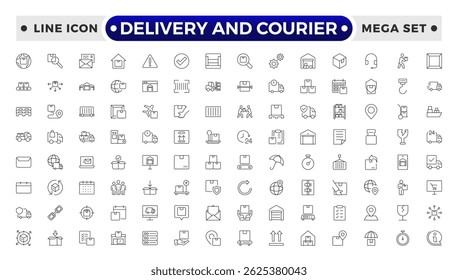 Delivery and courier icon set. Containing order tracking, delivery home, warehouse, truck, scooter, courier and cargo icons. Shipping symbol.
