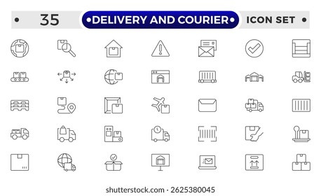 Delivery and courier icon set. Containing order tracking, delivery home, warehouse, truck, scooter, courier and cargo icons. Shipping symbol.
