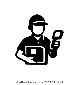 Icono del hombre de la logística del mensajero de la entrega aislado en el fondo blanco