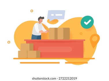 Lieferung Kurier Logistik Pick-up-Point-Symbol Vektor moderne Grafik-Design-Illustration, Mann Person geben oder nehmen Bestellung Paketkasten Paketabholung Postamt, E-Commerce Sendung Shop Bild