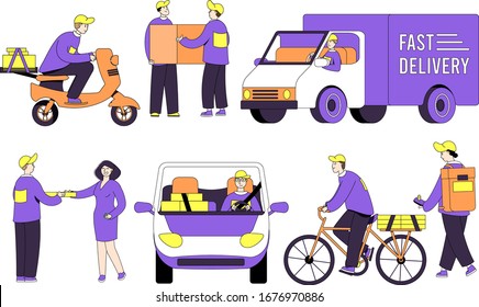 Delivery courier man with box on business service mail vector cartoon person illustration isolated on white. Orders delivered by car, bike, motorbike, truck. Deliveryman carries pizza in backpack