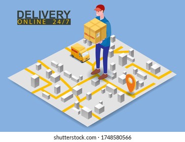 Delivery courier man with box parcel on map isometry cargov van tracking. Online shopping and delivery concept. Isometric template. Vector isolated illustration