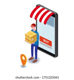 Delivery courier man with box parcel smartphone with online store. Online shopping and delivery concept. Isometric template. Vector isolated illustration