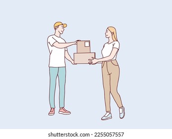 Delivery Courier man Giving Parcel Box To Woman Receiving Order simple korean style illustration