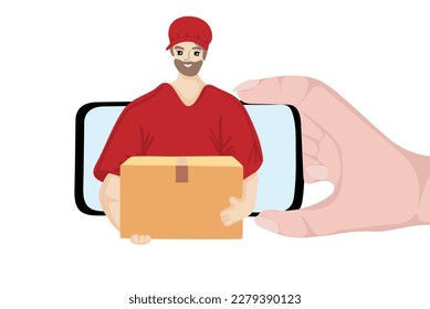 Delivery courier man giving parcel box from mobile phone screen.  Online delivery concept. Internet e-commerce. Vector illustration