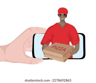 Delivery courier man giving  pizza boxes from mobile phone screen.  Online pizza delivery services. Vector illustration