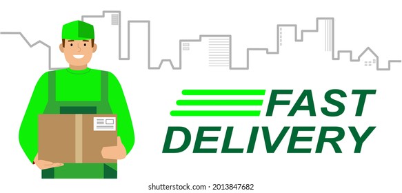 Delivery courier man holding box with cityscape in background. Fast delivery. Flat vector illustration. Mobile app prototyping banner, landing page or advertisement.