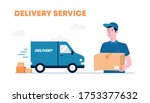 Delivery courier man holding package with delivery truck in background. The Courier Brought The Parcel By Truck. Delivery man and track. Flat design modern vector illustration concept.