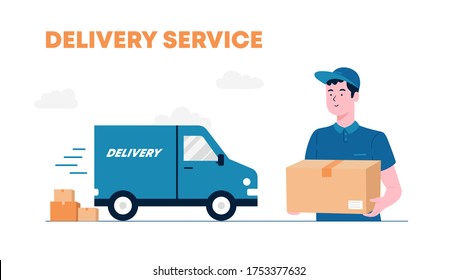 Delivery courier man holding package with delivery truck in background. The Courier Brought The Parcel By Truck. Delivery man and track. Flat design modern vector illustration concept.