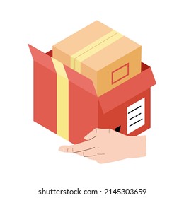 Delivery courier man holding package with delivery truck in background. The Courier Brought The Parcel By Truck. Delivery man and track. Flat design modern vector illustration concept.