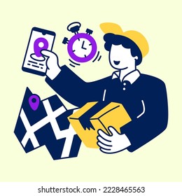 El mensajero de entrega contiene el paquete y el smartphone. buscar la ubicación del destinatario del paquete. Diseño plano concepto moderno de ilustración vectorial. Diseño plano, concepto moderno de ilustración vectorial