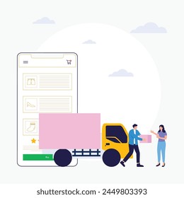 Delivery courier man holding package with delivery truck vector flat illustration