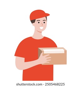 Entrega de mensajero hombre sosteniendo el paquete. Trabajador en uniforme con la caja de Paquete. Compras globales en línea, servicio expreso, concepto de envío. Ilustración vectorial plana del personaje de dibujos animados.