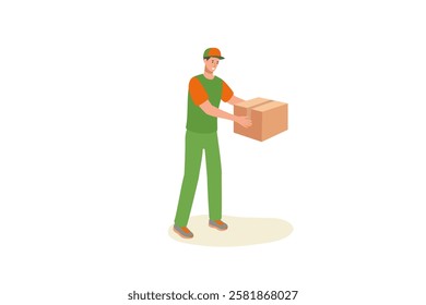 Delivery courier man holding package box. Young positive boy wearing green uniform. Express service, delivery, shipping concept. Flat cartoon people character vector illustration.