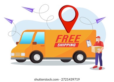 Delivery courier man holding package standing near yellow free shipping truck with location pin. Flat vector illustration for logistics transportation service and online e-commerce promotion.