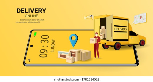 Delivery courier man holding Parcel Box on mobile phone. Online delivery service. Logistics and Delivery. concept of web page design for website or banner . 3D Perspective Vector illustration