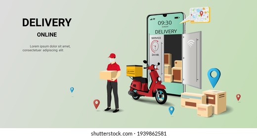 Corredor de entrega sosteniendo Parcel Box con scooter en el teléfono móvil. Servicio de entrega en línea. Comercio electrónico por Internet. concepto para sitio web o banner . Ilustración del vector de perspectiva 3D